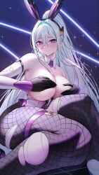 1girls azur_lane breasts bunnysuit covering_breasts female happymonk kearsarge_(azur_lane) long_hair purple_eyes solo tagme torn_clothes white_hair