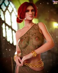 3d breasts clothing female nipples pillowfun red_hair solo the_witcher_(series) the_witcher_3:_wild_hunt transparent_clothing triss_merigold