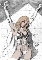 1girls against_wall armpits arms_up big_breasts blonde_hair blue_eyes bondage breasts bustier cape captured chained cleavage corset cuffed dana_holtzbert david_lima elbow_gloves emma_frost fur_cape hellfire_club large_breasts lingerie marvel marvel_comics mutant navel opera_gloves panties thighhighs thong torn_cape torn_clothes torn_elbow_gloves white_bustier white_elbow_gloves white_panties white_queen white_thighhighs white_thong x-men