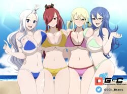 4girls arm_around_waist ass_visible_through_thighs background bangs bangs_over_one_eye beach big_breasts blonde_hair blue_bikini blue_hair blue_tattoo blush boob_squish erza_scarlet exposed_navel fairy_tail fairy_tail_mark female_only ggc juvia_lockser long_hair lucy_heartfilia mirajane_strauss no_nude outdoors outside patreon_logo pink_bikini red_hair smile swimsuit swimwear tattoo tattoo_on_legs tattooed_leg teal_bikini thigh_tattoo tied_hair twitter_username white_hair white_tattoo winking_at_viewer yellow_bikini