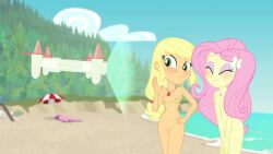 2girls accurate_art_style applejack_(mlp) beach blonde_hair blush breasts casual casual_nudity closed_eyes collar drone electronics equestria_girls female fluttershy_(eg) fluttershy_(mlp) green_eyes hand_on_hip human invisibleink long_hair my_little_pony naked naked_female neckwear nonsexual_nudity nude nude_female nude_filter nudist nudist_beach orange_skin pale_skin pink_hair pussy screenshot_edit shaved_pussy small_breasts vagina yellow_skin