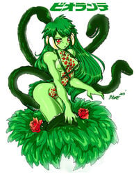 biollante dryad erika_shiragami flower flowers godzilla_(series) green_eyes green_skin japanese_text long_hair medium_breasts monster monster_girl red_eyes tagme tentacle