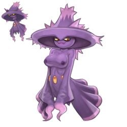 1girls amber_eyes anthro breasts clothing edit female generation_4_pokemon ghost hat headgear hi_res mismagius nintendo pokemon pokemon_(species) purple_body purple_clothing purple_skin simple_background small_breasts smile solo spirit telepurte white_background yellow_sclera