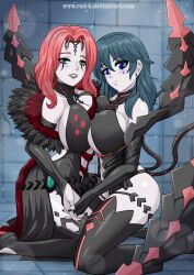 2girls alternate_costume asymmetrical_docking bare_midriff bare_shoulders black_nails blue_eyes boots breast_press breasts byleth_(fire_emblem) byleth_(fire_emblem)_(female) center_opening cleavage cleobulus_(fire_emblem) cosplay elbow_gloves facial_mark female female_only fingerless_gloves fire_emblem fire_emblem:_three_houses gloves green_eyes grey_body grey_skin grin holding_hands hourglass_figure indoors kneeling kronya_(fire_emblem)_(cosplay) large_breasts looking_at_viewer medium_hair midriff multiple_girls nail_polish navel nintendo red_hair rud-k shoulders sideboob smile tail teal_hair thigh_boots wide_hips