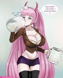 1girls aged_up cleavage cum cum_in_container danganronpa danganronpa_ultra_despair_girls drinking drinking_cum female female_only gokkun light-skinned_female pink_hair shinzu031 text utsugi_kotoko