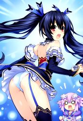 ! 2girls ai_generated ass bare_shoulders black_hair blush clothed elbow_gloves exposed_ass female fully_clothed hair_ribbon light-skinned_female long_hair looking_at_viewer neptune_(neptunia) neptunia_(series) noire open_mouth panties panty_peek pink_hair pleated_skirt red_eyes shocked short_hair side_view surprised thighhighs twintails upskirt white_panties