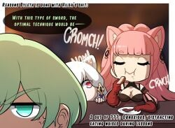 1boy 2girls anger_vein byleth_(fire_emblem) byleth_(fire_emblem)_(male) cat_ears catgirl closed_eyes dialogue eating english_text female fire_emblem fire_emblem:_three_houses food funny green_eyes green_hair hilda_valentine_goneril kinkymation lysithea_von_ordelia male multiple_girls narrowed_eyes nintendo pink_eyes pink_hair smile speech_bubble text_box white_hair