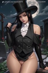 1girls ai_generated black_hair female female_focus female_only guilty_gear guilty_gear_strive hair hi_res highres light_skin pussy red_eyes sanctusnsfw solo solo_female standing testament_(guilty_gear) thick_thighs vagina