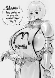 1girls :d alternate_breast_size big_breasts bob_cut breasts busty curvaceous curvy curvy_body curvy_female curvy_figure english english_text female female_knight huge_breasts knight knight_armor large_breasts lulu-chan92 mcdonald's milf mom_(japanese_mcdonald's_commercial) mother nipples sword text voluptuous yoru_mac