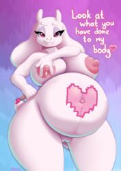 anthro belly big_belly big_breasts bodypaint boss_monster breasts caprine chromatic_aberration cleavage clothed clothing dialogue don_ko female goat lactating looking_at_viewer mammal navel nude paintbrush pregnant pussy ready_to_pop solo toriel undertale video_games