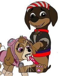 2018 arrby_(paw_patrol) canine clothing cum cum_drip cum_in_mouth cum_inside cum_on_penis cum_on_tongue dripping duo fellatio fellatio_from_feral female feral_on_feral male mammal open_mouth paw_patrol pawpatrolfan48 penis sex skye_(paw_patrol) straight tongue tongue_out young