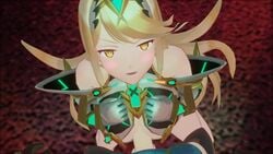 1boy 1girls 3d animated big_breasts blonde_hair blush breasts cleavage_cutout female from_above kneeling long_hair looking_at_viewer male male_pov mythra nintendo no_sound nodusfm paizuri paizuri_lead_by_female penis perpendicular_paizuri pov pov_eye_contact rex_(xenoblade) smile straight tagme uncensored video xenoblade_(series) xenoblade_chronicles_2 yellow_eyes