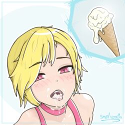 1girls blonde_hair clothed cum cum_in_mouth cum_on_face cum_on_upper_body cute facial female female_only freckles heart-shaped_pupils heart_eyes ice_cream open_mouth original original_character pink_eyes short_hair smolvanilla solo summer vanilla