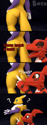 2018 3d anthro ass bacn black_sclera blue_eyes breasts canine claws clothing comic dialogue digimon duo english_text female fur guilmon male mammal mostly_nude nipples nude open_mouth pussy renamon renamon_(bacn) scalie simple_background smile text tongue tuft white_fur