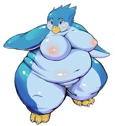 2009 avian beak bird bird_feet blue_eyes blush breasts claws female head_tuft lando multicolored_skin obese open_beak open_mouth overweight penguin simple_background solo two_tone_skin white_background yellow_beak