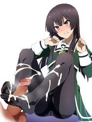 black_hair black_legwear blush clenched_teeth clothing cum ejaculation feet female footjob footjob_with_legwear juujou_hiyori long_hair pantyhose red_eyes soles teeth toji_no_miko