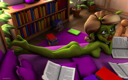 1girls 3d alien alien_girl artist_name back_view beauty_mark bed big_breasts book busty butt_crack curvy dat_ass day detailed_background erect_nipple erect_nipples eyelashes female female_only glasses green_eyes green_skin hourglass_figure humanoid indoors inside kondaspeter lipstick lying makeup marilyn_(planet_51) mole naked nude pillow planet_51 pose posing red_lipstick room shadow shiny shiny_skin sideboob solo thick_lips tree voluptuous white_hair wide_hips