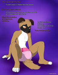 anthro canine canine diaper fur hypnosis immelmann infantilism male mammal mind_control peeing solo spiral_eyes tan_fur urine wet_diaper wetting