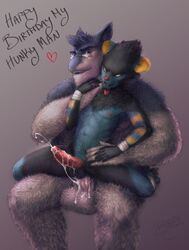 2boys 5_fingers alternate_color anal anal_sex anthro birthday black_fur blue_fur bopsy chubby collar cum cum_in_ass cum_inside cum_on_balls cum_on_penis cum_while_penetrated cumshot digital_media_(artwork) duo ejaculation english_text erection eyewear feline fur furry gay glasses hands-free heart hi_res huge_penis huge_testicles humanoid_penis interspecies luxray male male_only mammal muscular nintendo nipples nude open_mouth orgasm original_character penetration penis pokemon pokemon_(species) pokemon_dppt pokemon_gsc sex simple_background smile testicles text thick_thighs typhlosion veins veiny_penis video_games watermark white_fur wide_hips yaoi