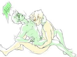 2boys anal_sex arched_back blonde_hair blush cum cum_while_penetrated dirk_strider gay green_skin hickey homestuck jake_english licking male male_only monochrome ms_paint_adventures nude open_mouth rude_elixir sex short_hair simple_background sitting speech_bubble text tongue trembling uncensored white_background yellow_skin