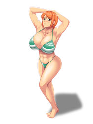 abs artist_request ass barefoot bikini blush breasts brown_eyes cleavage curvy feet female female_only hips huge_breasts large_breasts legs nami nami_(post-timeskip)_(cosplay) one_piece open_mouth orange_hair pose post-timeskip pre-timeskip short_hair simple_background sitting smile solo striped_bikini swimsuit thick_thighs thighs time_paradox underboob white_background wide_hips