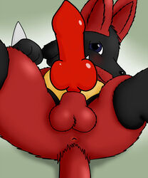 alternate_color animal_genitalia animal_penis anthan anthro anus balls big_penis blush canine canine_penis close-up erection front_view fur hi_res knot lucario male male_only mammal nintendo penis pokemon pokemon_(species) presenting presenting_penis red_fur red_penis solo spread_legs spreading video_games