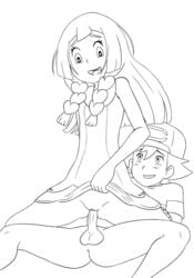 1boy 1girls clothed clothed_sex dress dress_lift fufan lillie_(pokemon) monochrome pokemon pokemon_sm satoshi_(pokemon) sex vaginal_penetration