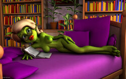 1girls 3d alien alien_girl artist_name bare_shoulders barefoot beauty_mark bed big_breasts book busty curvy day detailed_background erect_nipple erect_nipples eyelashes female female_only front_view glasses green_eyes green_skin holding_object hourglass_figure humanoid indoors inside kondaspeter lipstick looking_at_viewer lying makeup marilyn_(planet_51) mole naked nude pillow planet_51 pose posing red_lipstick room shadow shiny shiny_skin solo text thick_lips tree voluptuous white_hair wide_hips