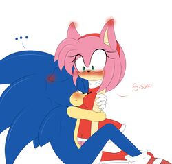 amy_rose anthro blush breasts color dialogue ear_blush ears_back ears_down english_text face_in_breasts female furry furry_only kneeling male medium_breasts prettyfoxxylady short_hair simple_background sitting sonic_(series) sonic_the_hedgehog straight tears text uncensored white_background