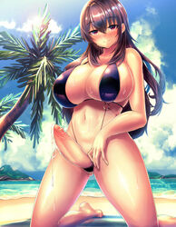 1futa big_breasts bikini breasts censored cleavage cum cum_drip dickgirl erection futa_only futanari intersex large_breasts looking_at_viewer penis red_eyes solo urakata_(artist)