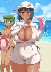 3girls aether_foundation aether_foundation_employee aether_foundation_employee_(female) alternate_breast_size areola_slip beach beach_ball big_breasts bikini blue_eyes breasts bursting_breasts condom condom_packet_strip condom_wrapper dark-skinned_female dark_blue_hair dark_skin detailed_background female female_aether_foundation_employee female_only full_cleavage gesture gluteal_fold green_eyes green_hair hair_ornament hat holding_ball holding_condom huge_breasts human index_finger_raised lana_(pokemon) licking licking_lips looking_at_viewer mallow_(pokemon) multiple_girls nintendo nipples ocean pokemon pokemon_(species) pokemon_sm popplio sand sea seductive short_dress shush shushing smile suit summer sunny teal_eyes unzipped white_dress yamaori