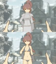 armor before_and_after bikini black_bra black_panties bra brown_eyes brown_hair gauntlets long_hair panties ponytail rong_rong skyrim the_elder_scrolls