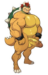 analon_(artist) anthro balls bara barazoku big_biceps big_pecs big_penis bowser erection hair holding_penis horn huge_muscles humanoid_penis koopa looking_at_viewer male male_only mario_(series) musclegut muscular muscular_male navel nintendo pecs penis red_hair scalie short_tail simple_background slightly_chubby smile solo standing toomanyboners vein veiny_penis video_games white_background yellow_skin