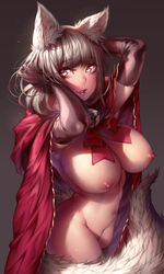 absurdres animal_ears arms_up bell black_gloves black_legwear bow bowtie breasts cape elbow_gloves fangs female gloves grey_background grey_hair highres large_breasts looking_at_viewer navel nipples open_mouth orange_eyes original short_hair smile solo tail thighhighs wolf_ears wolf_tail yin-ting_tian