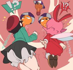 !? 2girls 3boys adeleine artist black_eyes black_hair bloomers bloomers_(victorian) bumber_(kirby) captain_kirb cum cumdrip dress dripping fairy fairy_wings fellatio female flying green_shirt kirby_(series) kirby_64 kirby_64:_the_crystal_shards kirby_star_allies legs male multiple_boys multiple_females multiple_girls multiple_males nintendo onomatopoeia oral orange_penis penis pink_hair ribbon_(kirby) shoes simple_background skirt sound_effects speech_bubble straight sucking tagme text thick_penis thick_thighs thighs umbrella upskirt vein veiny_penis wings