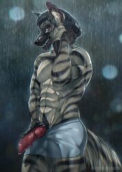 2018 5_fingers anthro black_nose canine claws dark digital_media_(artwork) erection fur furry hair hauringu hyena looking_at_viewer male male_only mammal nipples nude penis raining smile solo teeth