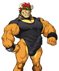 analon_(artist) anthro biceps big_bulge big_penis bowser bulge clothed clothing erection erection_under_clothes flexing hair horn koopa male male_only mario_(series) muscular muscular_male nintendo one-piece_swimsuit partially_clothed pecs penis penis_outline pose red_hair scalie shirt simple_background smile solo standing swimsuit toomanyboners vein video_games white_background