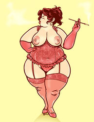 2012 chubby cleavage closed_eyes cupless_bra digital_media_(artwork) earrings fat female hand_on_hip high_heels human human_only kaigetsudo lingerie mole mole_under_eye plump ponytail red_hair simple_background smoking solo