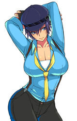 alternate_breast_size arms_up blue_eyes blue_hair breasts cabbie_hat cleavage clothing cowboy_shot curvy eroe female fingerless_gloves gloves hat headwear highres human large_breasts matching_hair/eyes necktie pale_skin persona persona_4 persona_4:_dancing_all_night shirogane_naoto short_hair simple_background solo suspenders tomboy very_short_hair white_background wide_hips