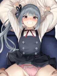 1boy angry arms_up bangs belt black_ribbon blush buttons clothed_sex commentary_request dress eyebrows_visible_through_hair female grabbing_pillow hair_ribbon highres implied_sex kantai_collection kasumi_(kantai_collection) legs_grab long_hair long_sleeves looking_at_viewer lying neck_ribbon nose_blush oekakizuki on_back out-of-frame_censoring panties panties_aside pillow pillow_grab pinafore_dress pov remodel_(kantai_collection) ribbon saliva side_ponytail silver_hair skirt sleeveless sleeveless_dress straight suspenders sweat tears underwear wet