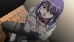 animated animated_gif blush bra breasts fingering fujino_shion grabbing grabbing_breasts grabbing_own_breast groping hatsu_inu large_breasts lingerie masturbation moaning navel pink_bra pink_pineapple purple_eyes purple_hair ribbon school_uniform screencap screenshot shirt_lift thighhighs toilet underwear