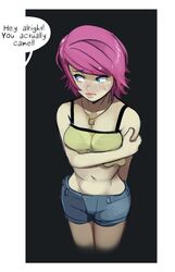 1boy 1girls blackmail breast_press comic crying crying_with_eyes_open denim_shorts dialogue embarrassed english_text imminent_rape looking_away maya_wong midriff offscreen_male original original_character pink_hair pink_lips polyle short_hair shorts small_breasts speech_bubble tears