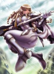 anastasia_(claymore) armored_boots artist_request ass blonde_hair bodysuit breasts cape claymore clothing dat_ass drill_hair female fringe_hair long_hair shoulder_armor shoulder_pads silver_eyes sword thighs wavy_hair weapon