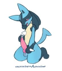 2018 animal_genitalia animal_penis anthro balls black_fur blue_fur blush canine_penis electrikestorm fur hi_res kneeling knot looking_pleasured lucario male male_only nintendo open_mouth penis pokemon pokemon_(species) precum red_eyes simple_background solo spikes tongue video_games white_background yellow_fur