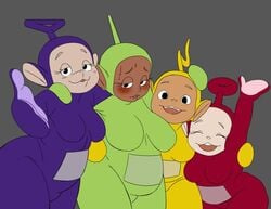 4girls belly blush breasts chubby closed_eyes dipsy eyelashes female female_only genderswap_(mtf) group laa-laa looking_at_viewer mr._nsfw multiple_girls no_nipples po_(teletubbies) reaching_out simple_background slightly_chubby smile teletubbies the_main_teletubbies_cast tinky_winky