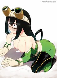 bare_shoulders black_eyes black_hair blush bodysuit boots breasts busty cleavage closed_mouth clothing commentary deru06 english_commentary female frog_girl full_body gloves goggles goggles_on_head green_bodysuit hero_outfit_(mha) long_hair medium_breasts my_hero_academia nipples ripped_clothing simple_background solo solo_female solo_focus torn_bodysuit torn_clothes tsuyu_asui voluptuous white_background white_gloves