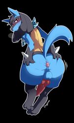 1boy absurd_res animal_genitalia animal_penis anthro anus ass black_background blush conditional_dnp ebonyplume hi_res huge_ass knot looking_at_viewer looking_back lucario male male_only nintendo penis pklucario pokemon pokemon_(species) presenting presenting_hindquarters rear_view red_eyes simple_background solo testicles thick_thighs video_games wide_hips