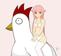 bikini bio_chase blush bra chicken fioren_maxwell panties pink_eyes pink_hair rong_rong rooster thighhighs