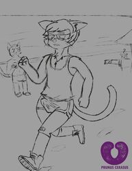 anthro biting_lip bulge embarrassed erection exhibitionism feline group hi_res humiliation jogging male mammal nate_(character) penis_outline prunuscerasus_(artist) solo_focus tenting