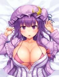 big_breasts bra breasts cleavage female female_only large_breasts looking_at_viewer patchouli_knowledge purple_eyes purple_hair snowcanvas solo touhou